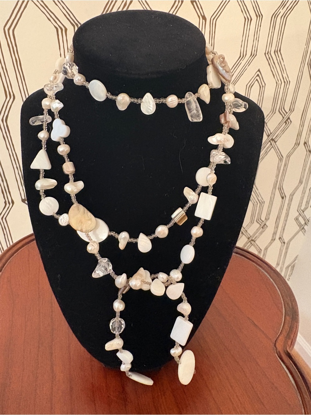 Elegant White Pearl and Shell Multi-Strand Necklace